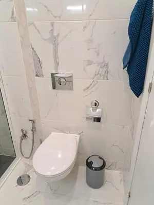 a white bathroom with a toilet and a shower at Apartamento T1 a 10m da praia Quarteira in Quarteira