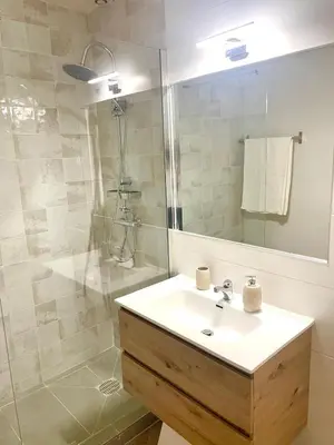 a bathroom with a sink and a shower at Toca das Manas in Roja- Pé