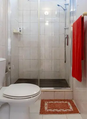 a bathroom with a shower with a toilet and a glass shower door at Maison A Quinta V1 4 Personnes in Ferreiras