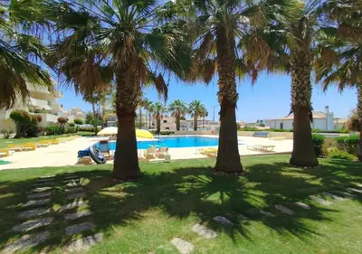 a group of palm trees near a swimming pool at São rafael Ocean View in Albufeira