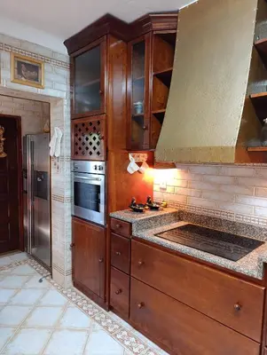 a kitchen with wooden cabinets and a stainless steel refrigerator at Villa Inês in Guia