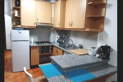 a kitchen with wooden cabinets and a white refrigerator at T0 close to the beach and the city center in Albufeira