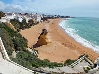 an aerial view of a beach with buildings and the ocean at Apartament Encosta Da Orada in Albufeira
