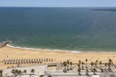 an aerial view of a beach with palm trees and the ocean at Terracos de Quarteira II Pearl by Real Properties in Quarteira