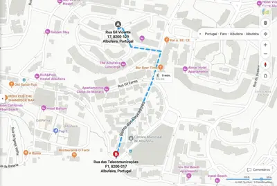 a map of a city with a blue line at Casita 9 in Albufeira