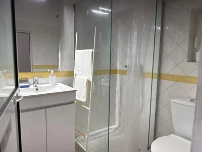 a bathroom with a shower and a sink and a toilet at Solar dos Lirios in Loulé