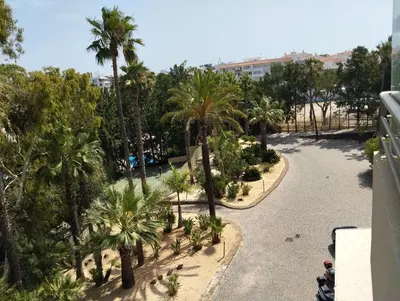 an aerial view of a street with palm trees at Barracuda dom in Albufeira