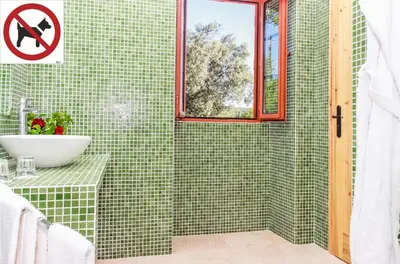 a green tiled bathroom with a sink and a window at Casa da Tita in Salir