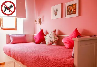 a bedroom with pink walls and a bed with red sheets at Casa da Tita in Salir