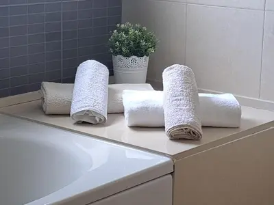 a counter with towels and a potted plant on it at Apart SEA and OLD TOWN VIEWS in Albufeira