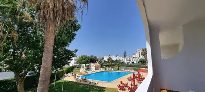 a view of a swimming pool with a palm tree at Appartement Touristique dans une résidence Hôtelière Silchoro in Albufeira