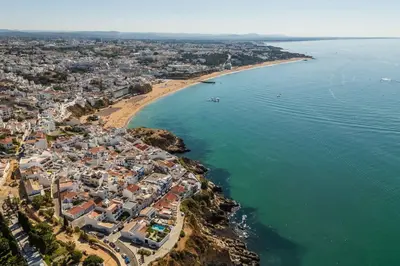 an aerial view of a beach and the ocean at Baleeira Sea View Studio in Albufeira