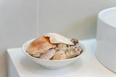 a white bowl filled with shells on top of a microwave at Charming Villa with Private Pool by LovelyStay in Albufeira