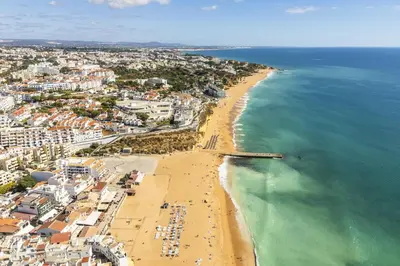 an aerial view of a beach and the ocean at Downtown Studio Apartment F - 150m from the Beach in Albufeira