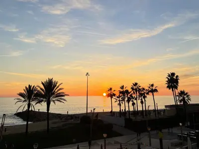 a sunset over a beach with palm trees and the ocean at Sunflower12 - Apartamento à beira-mar - Seaview in Quarteira