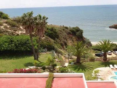a view of a beach with palm trees and the ocean at Fantastic Apartment On The Beach in Albufeira