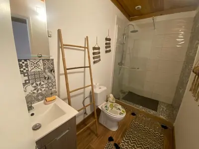 a bathroom with a shower and a toilet and a sink at Quinta Oriana Bella suite in Paderne