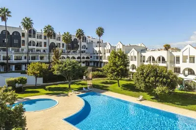 an aerial view of a large apartment complex with a swimming pool at Casa Alonso 2 Bedroom Apartment with Pool in Albufeira