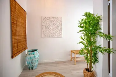 a living room with two plants and a picture at Micului Refugiu in Albufeira