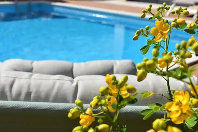 a couch next to a swimming pool with yellow flowers at Algarve Boho Beach House in Albufeira