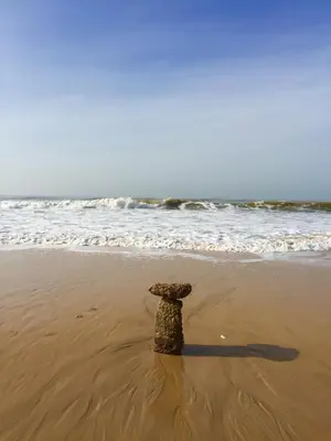 a teddy bear standing in the sand at the beach at Villa mar e Serra in Loulé