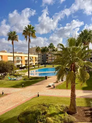 a palm tree in a park with a swimming pool at Vilamoura apartment in Quarteira