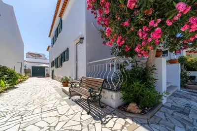 a bench sitting next to a tree with pink flowers at Vivenda Lemos C in Albufeira