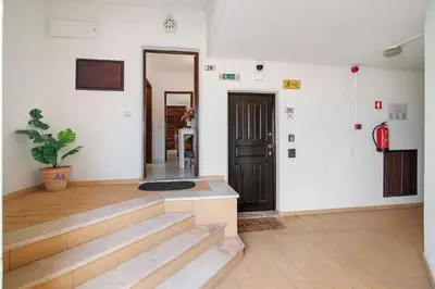 a hallway with stairs and a door with a potted plant at Maison Jack in Albufeira