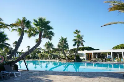 a swimming pool with palm trees and a building at Alfagar Prestige in Albufeira