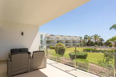 a balcony with a view of a building at Snazzy Varandas do Castelo One Bedroom Apartment sleeps 2 persons in Albufeira