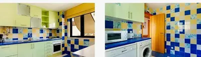 two pictures of a kitchen with colorful tiles on the walls at Charming Orada 2-Bedroom Albufeira Duplex Apartment with Shared Pool sleeps 6 in Albufeira