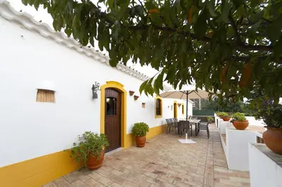 a courtyard of a house with a table and chairs at Villa Monte Domingos Simoes in Albufeira