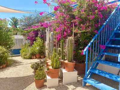 a blue staircase with potted plants and flowers at Holiday Home Vila Verão Nur für Erwachsene by Interhome in Santa Bárbara de Nexe