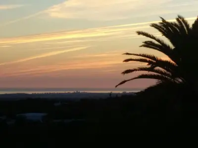 a sunset with a palm tree in the foreground at Holiday Home Vila Primaveira - Nur für Erwachsene by Interhome in Santa Bárbara de Nexe