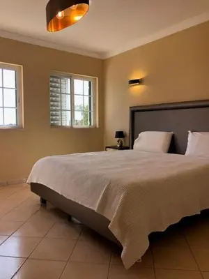a bedroom with a large bed and two windows at Villa Sun & Shine in Faro