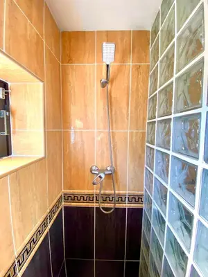 a shower in a tiled bathroom with a mirror at Casa Mariano Private Heated Pool With Views and AC