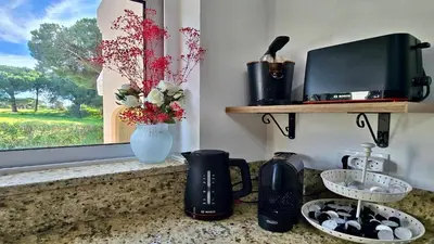 a kitchen counter with a coffee maker and a vase with flowers at Villa Albatros Cleverdetails, Vilamoura, private pool and jacuzzi in Vilamoura