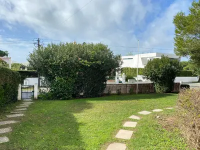 a yard with a large bush next to a house at Casa Manacá Vilamoura in Quarteira