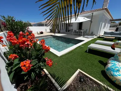 a backyard with a swimming pool and some flowers at Casa Alegria in Tunes