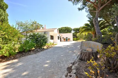 a cobblestone driveway in front of a house at Casa da Palmeira in Quarteira