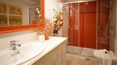 a bathroom with a sink and a shower at Apart Palmeira Galé - Sea view - WIFI - BY BEDZY in Guia