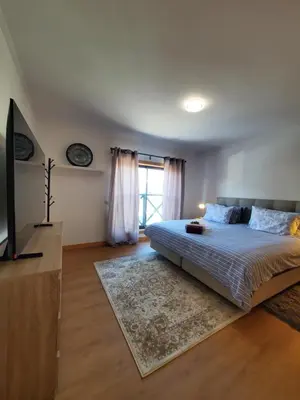 a bedroom with a bed and a television and a rug at Corcovada Dream Apartment in Albufeira
