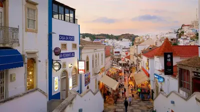 an overhead view of a city street at dusk at Boa Vista Apartment with Sea Views and Shared Pool in Albufeira