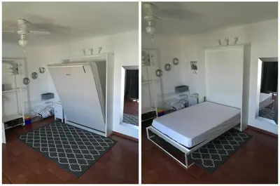 two pictures of a room with a bed and a refrigerator at Sol Nascente Apartment in Albufeira