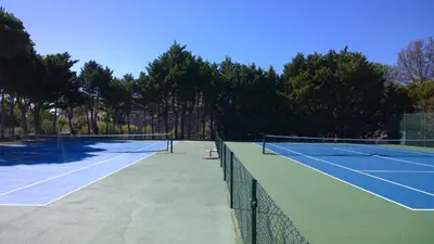 two tennis courts with trees in the background at Blue&Greens Apartment in Quinta do Lago