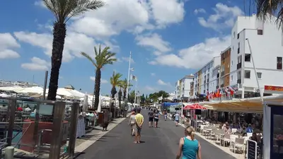 a group of people walking down a street with palm trees at Quinta Do Romão in Vilamoura