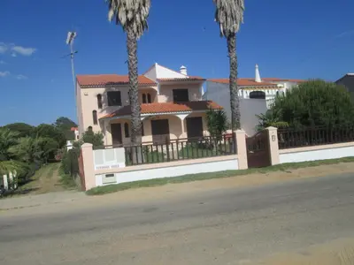 a house with a fence and two palm trees at Vivendas Costa in Barros da Fonte Santa