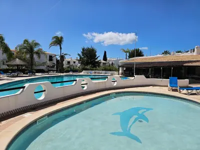 a swimming pool with a dolphin painted on it at São Rafael Golden Pearl Haven in Albufeira
