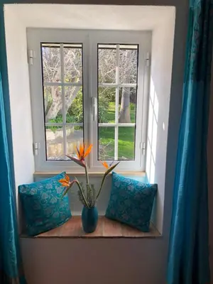 a flower in a vase sitting on a window sill at Quinta Quinze in Boliqueime