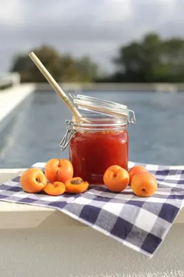 a jar of jam on a checkered towel withangerprises at Mercedes Country House in Faro